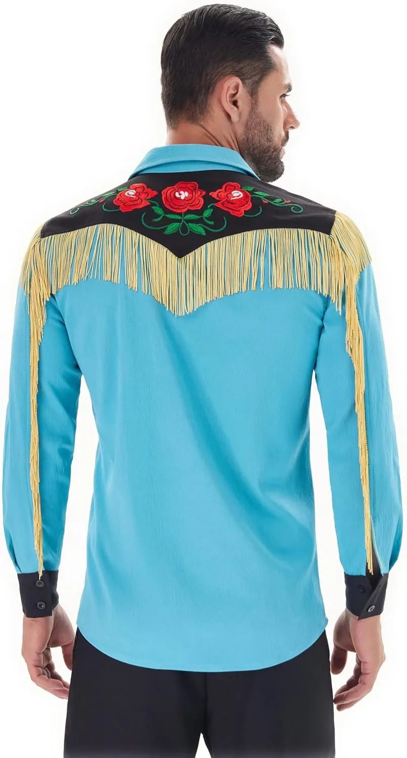Men's Western Cowboy Fringe Shirts Long Sleeve with Embroidered Rose Button Down Hippie Shirt