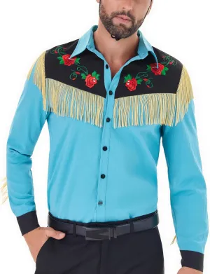Men's Western Cowboy Fringe Shirts Long Sleeve with Embroidered Rose Button Down Hippie Shirt