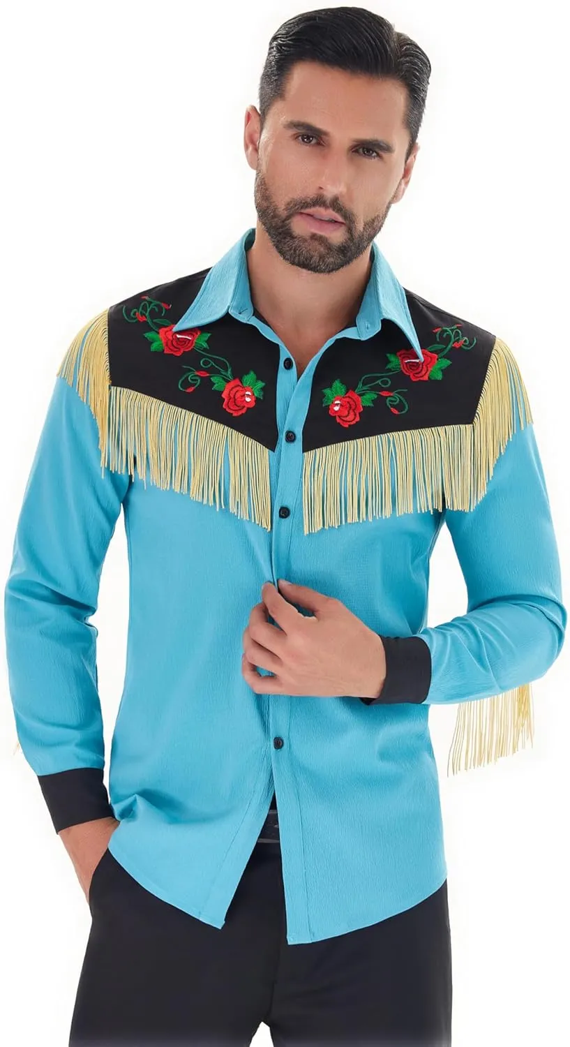 Men's Western Cowboy Fringe Shirts Long Sleeve with Embroidered Rose Button Down Hippie Shirt