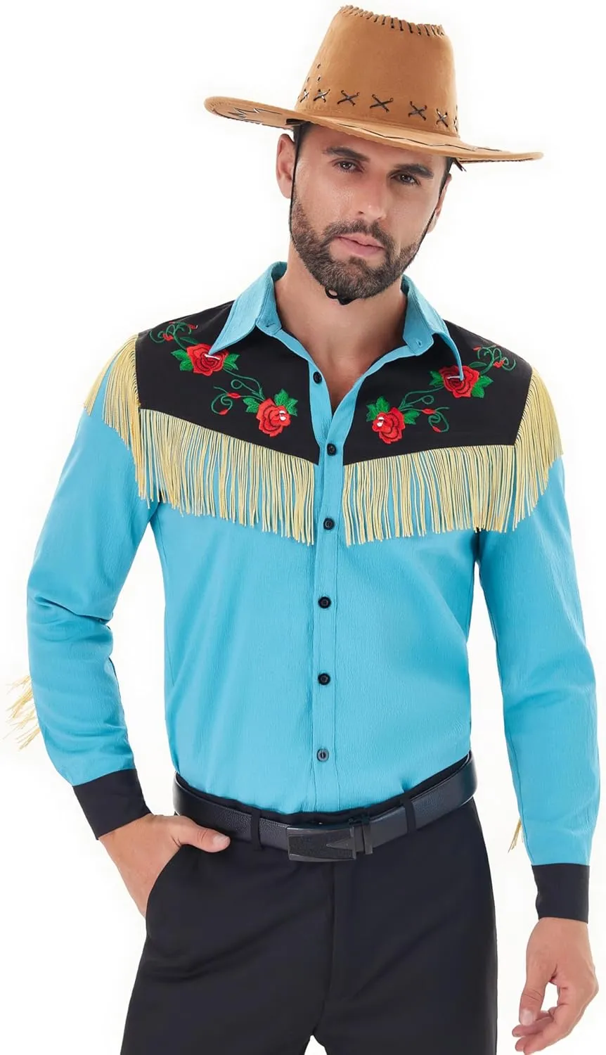 Men's Western Cowboy Fringe Shirts Long Sleeve with Embroidered Rose Button Down Hippie Shirt
