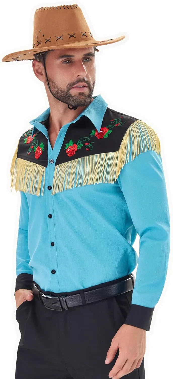 Men's Western Cowboy Fringe Shirts Long Sleeve with Embroidered Rose Button Down Hippie Shirt