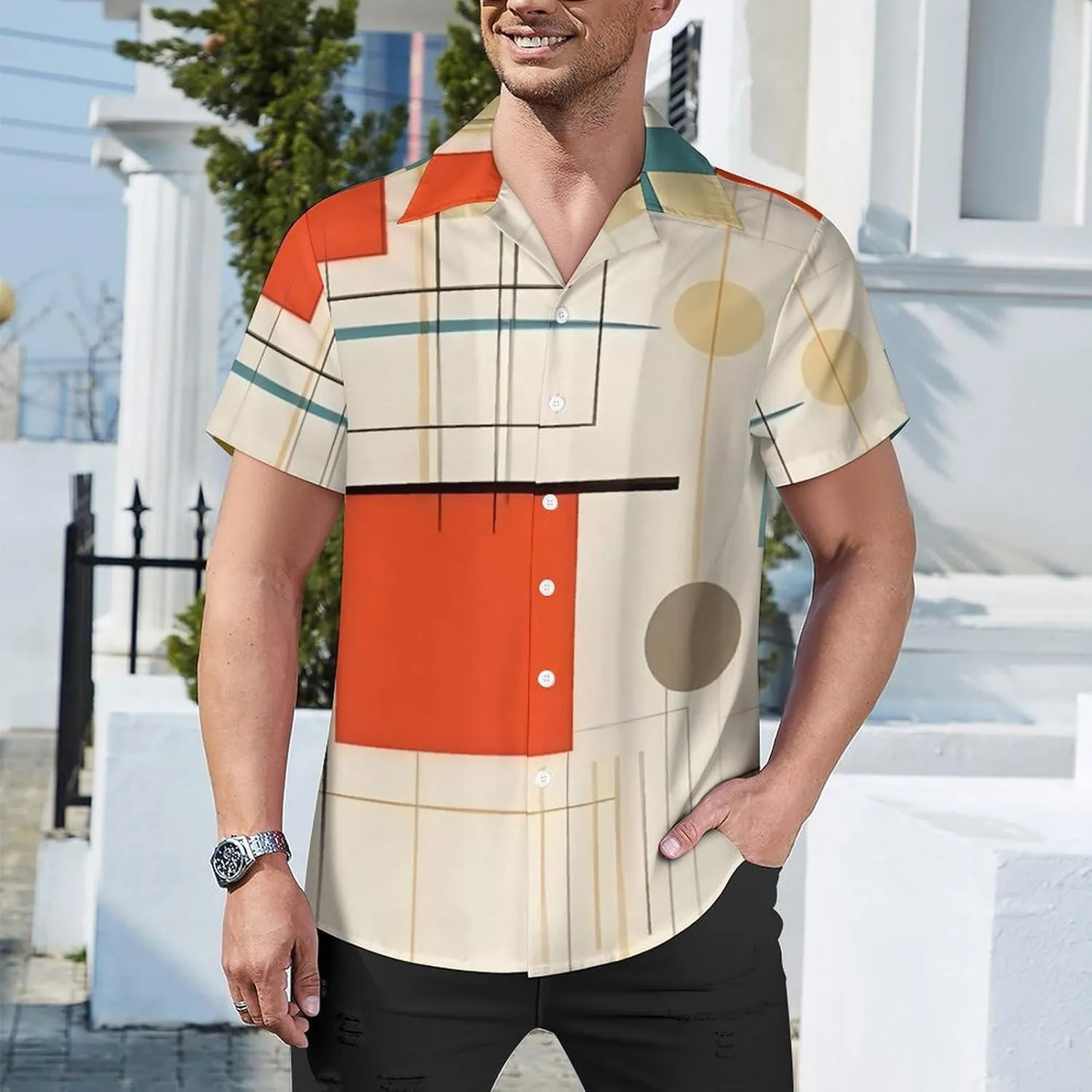 Mid Century Modern Print Cuban Collar Shirt Classic Design for Comfort and Style