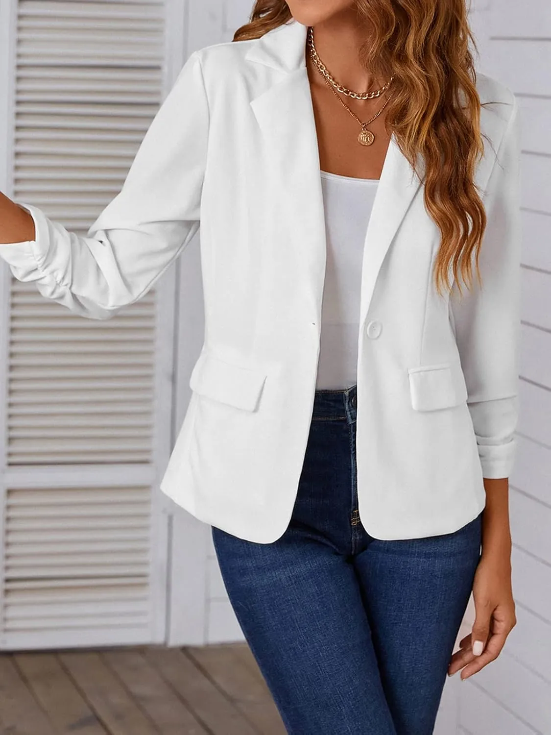 MINTLIMIT Women's 3/4 Sleeve Blazers One Button Work Office Blazer with Pockets