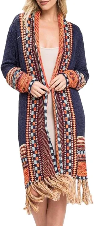 Misassy Womens Boho Open Front Long Cardigans Sweater Loose Long Sleeve Embroidery Tassels Kimono Duster Outwear