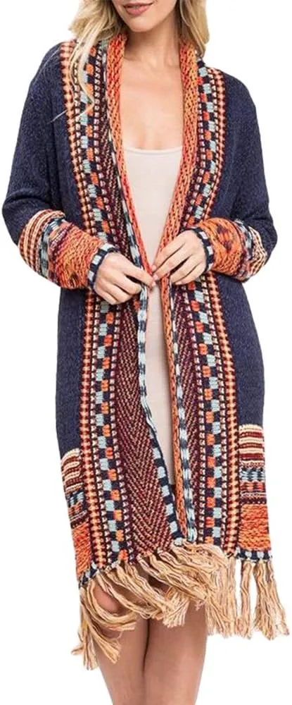 Misassy Womens Boho Open Front Long Cardigans Sweater Loose Long Sleeve Embroidery Tassels Kimono Duster Outwear