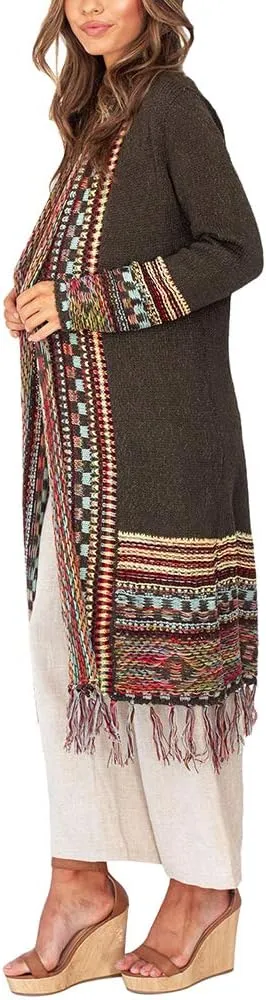 Misassy Womens Boho Open Front Long Cardigans Sweater Loose Long Sleeve Embroidery Tassels Kimono Duster Outwear