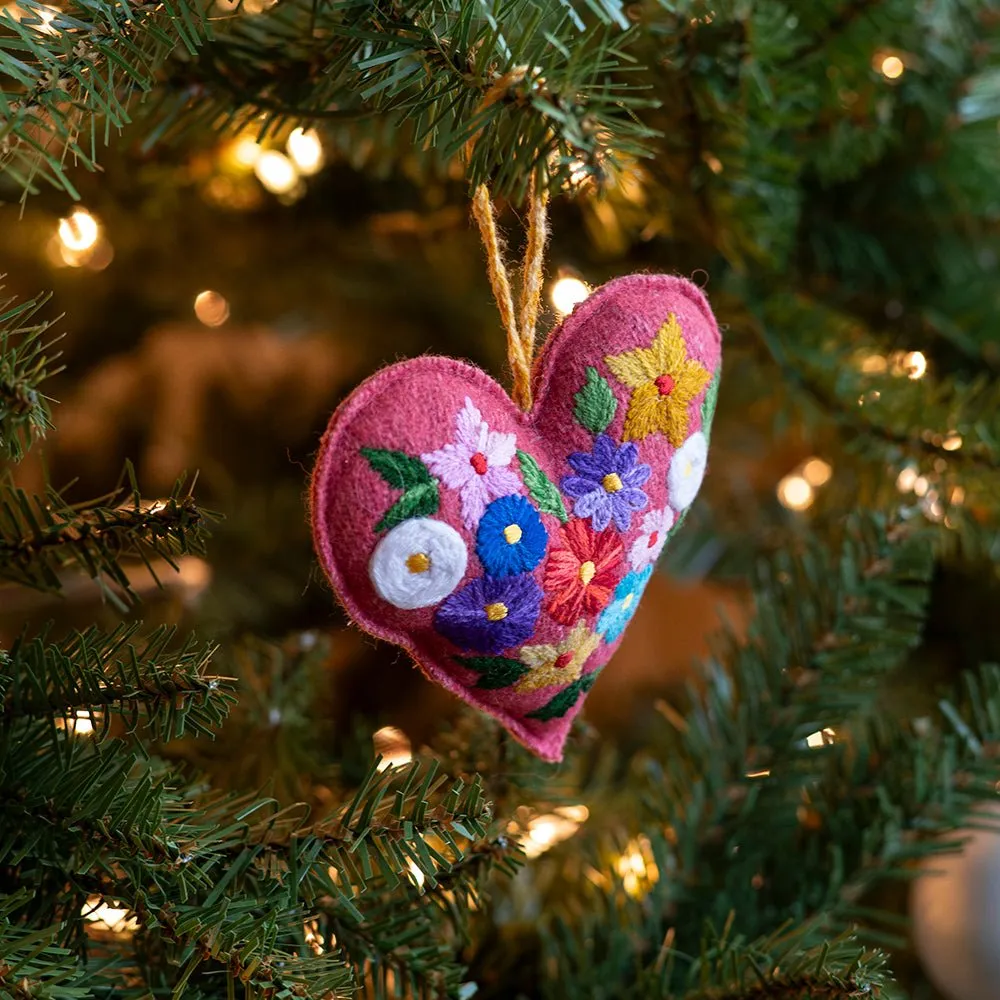Pink Embroidered Floral Ornaments | Set of 5