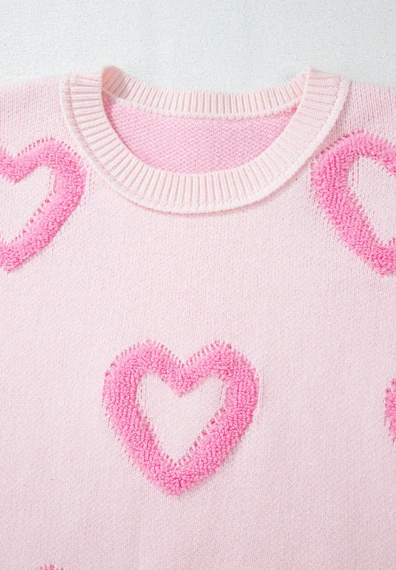 Pink Heart Sweater Cute New Women's Fashion High-Low Heart Round Neck Long Sleeve Sweater