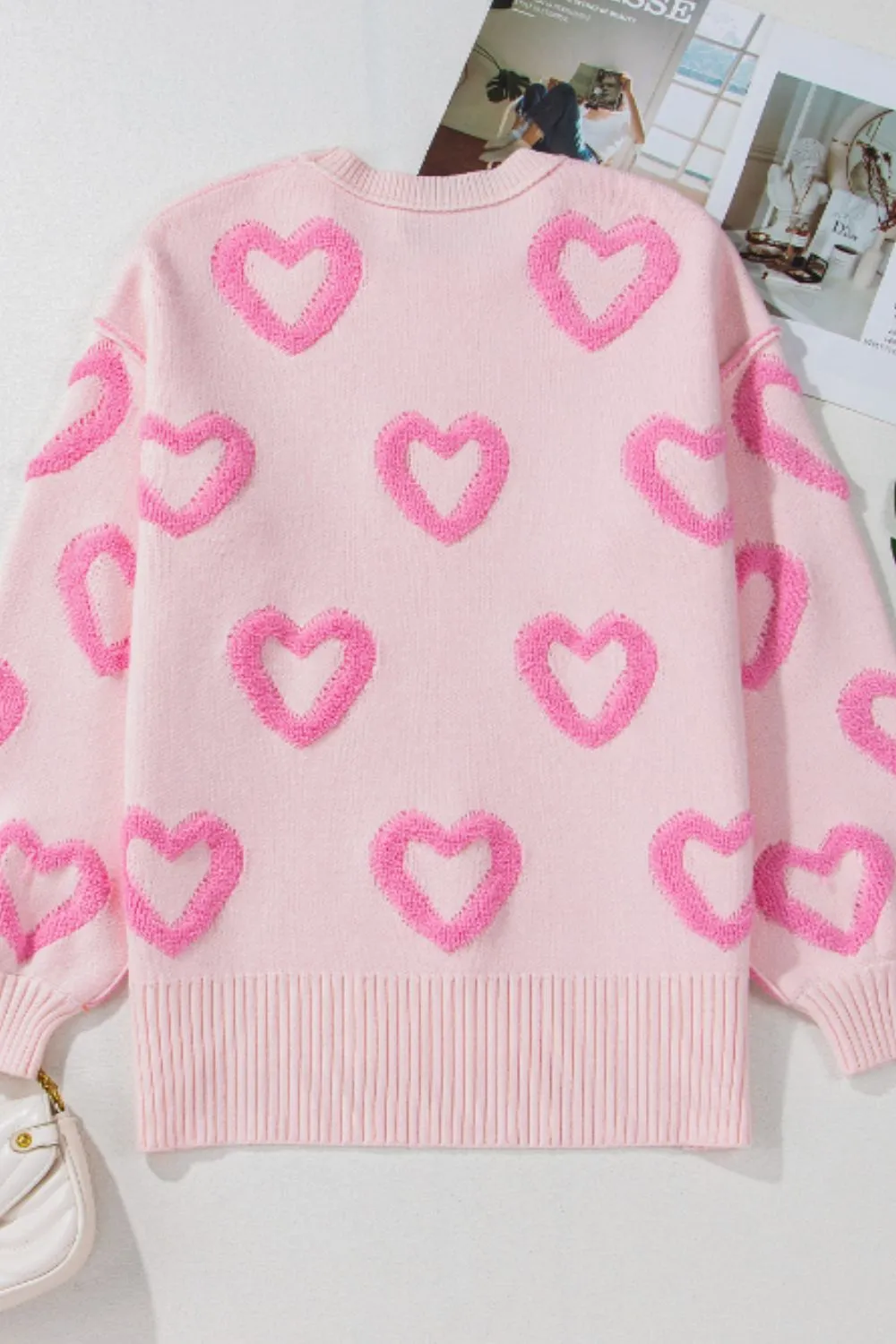 Pink Heart Sweater Cute New Women's Fashion High-Low Heart Round Neck Long Sleeve Sweater