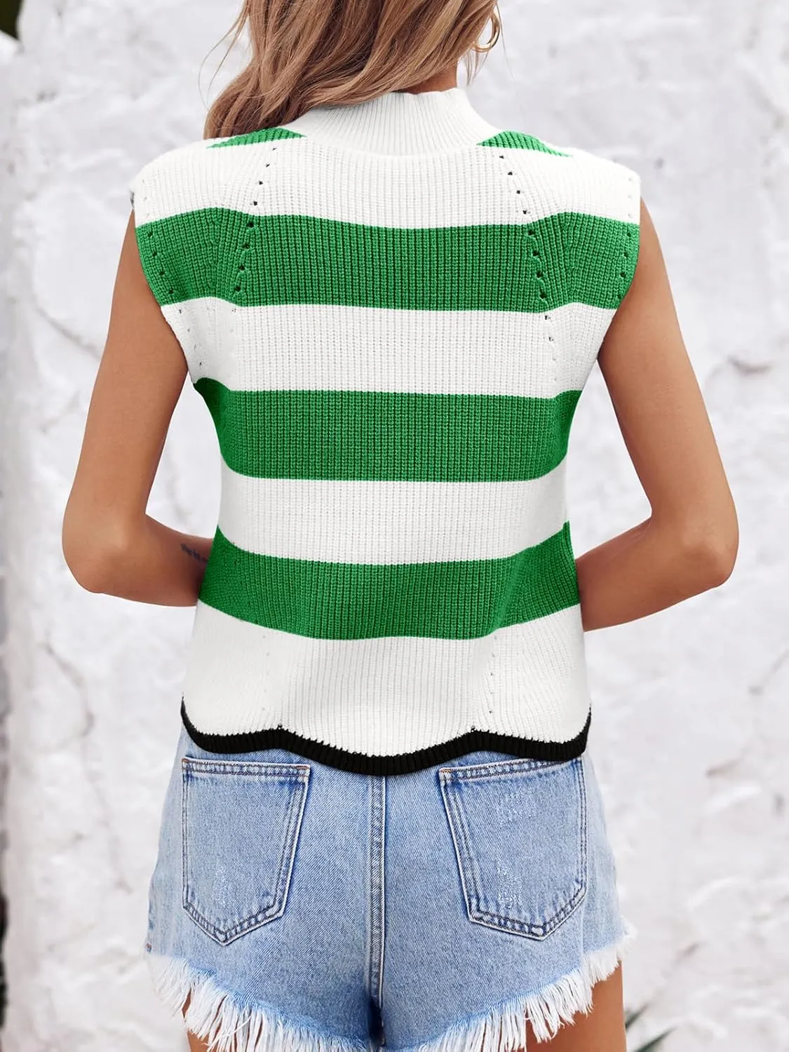 Saodimallsu Womens Striped Sweater Vest Sleeveless Mock Neck Cap Sleeve Ribbed Knit Summer Crop Tops