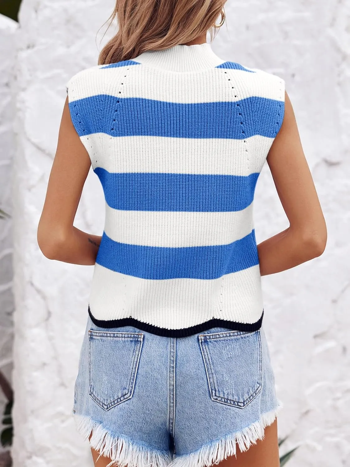 Saodimallsu Womens Striped Sweater Vest Sleeveless Mock Neck Cap Sleeve Ribbed Knit Summer Crop Tops