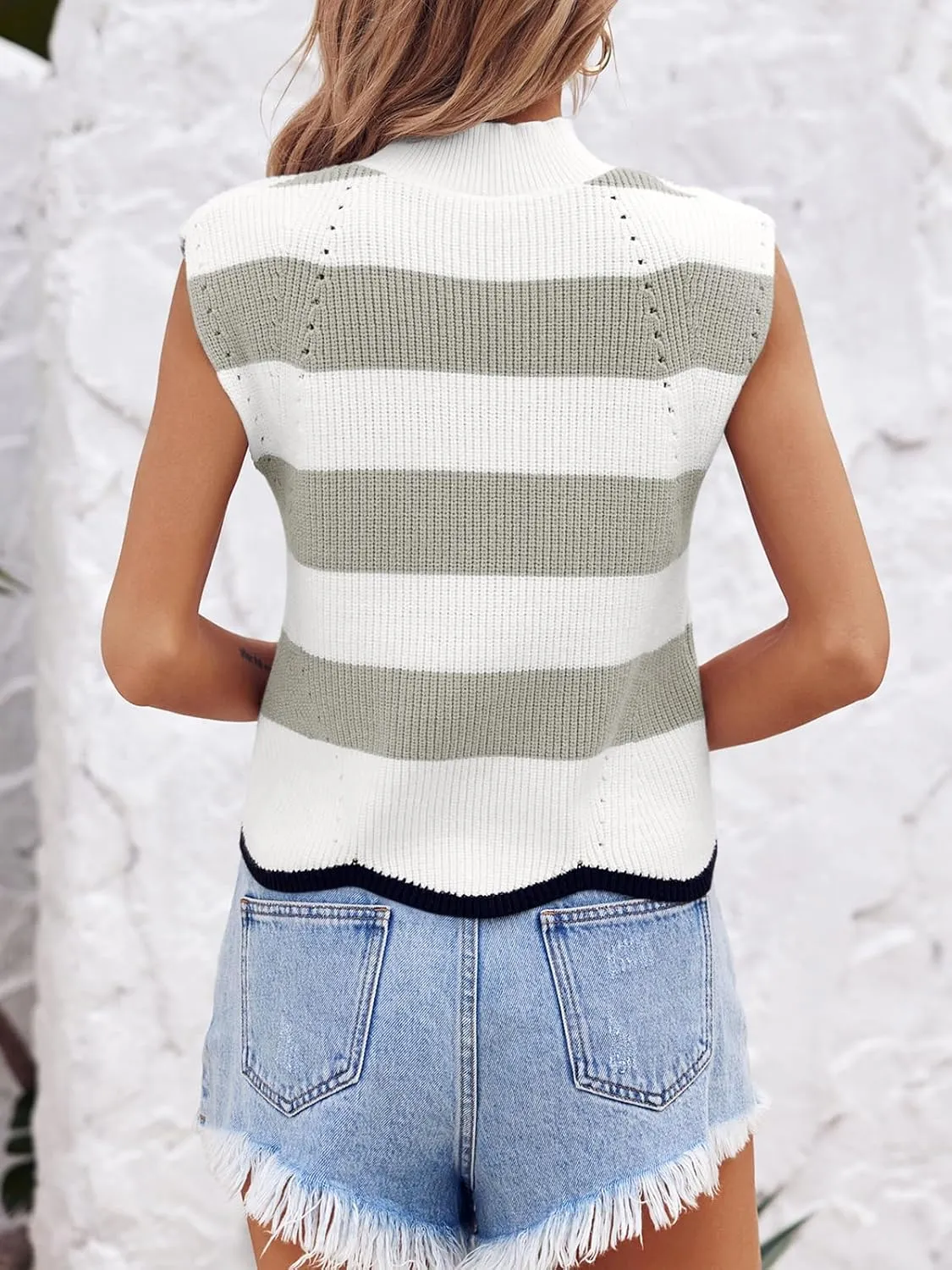 Saodimallsu Womens Striped Sweater Vest Sleeveless Mock Neck Cap Sleeve Ribbed Knit Summer Crop Tops
