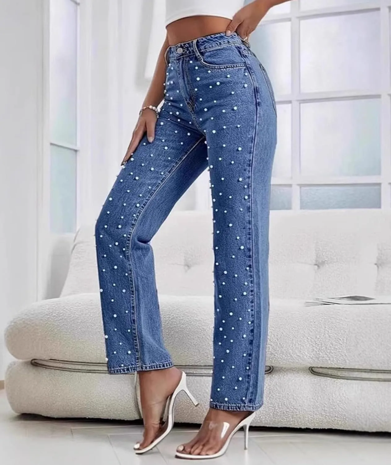 Sexyshine Women's Pearl Jeans High Waist Straight Wide Leg Stretchy Denim Pants