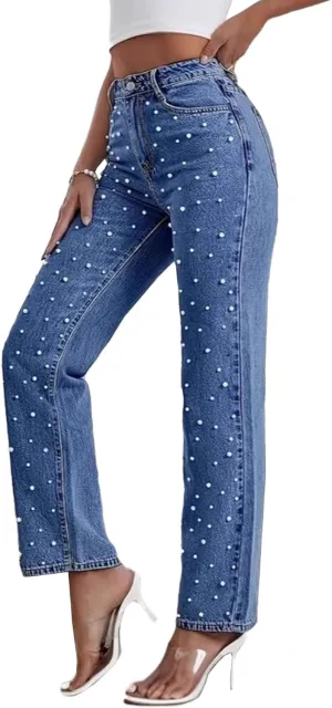 Sexyshine Women's Pearl Jeans High Waist Straight Wide Leg Stretchy Denim Pants