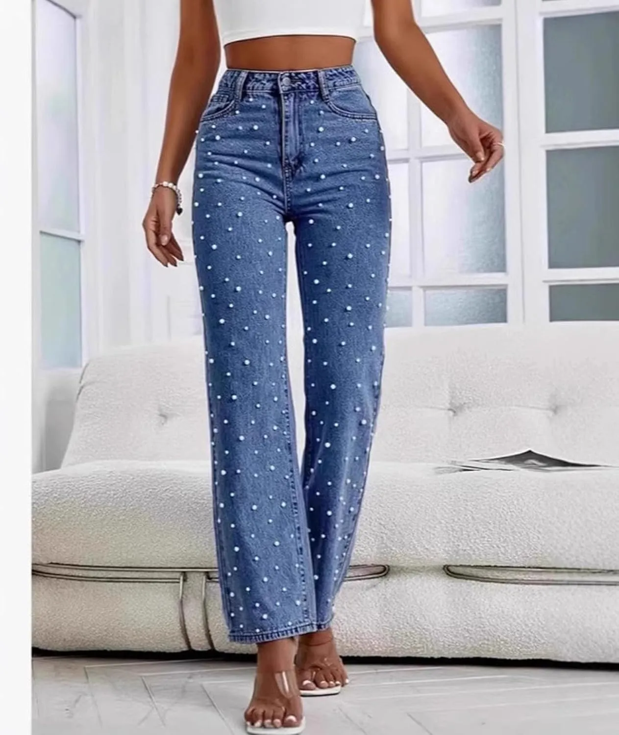 Sexyshine Women's Pearl Jeans High Waist Straight Wide Leg Stretchy Denim Pants