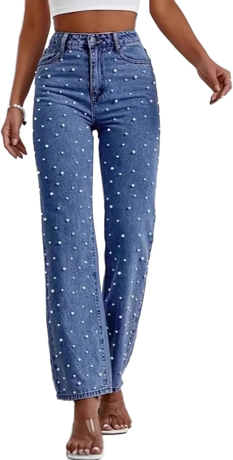 Sexyshine Women's Pearl Jeans High Waist Straight Wide Leg Stretchy Denim Pants
