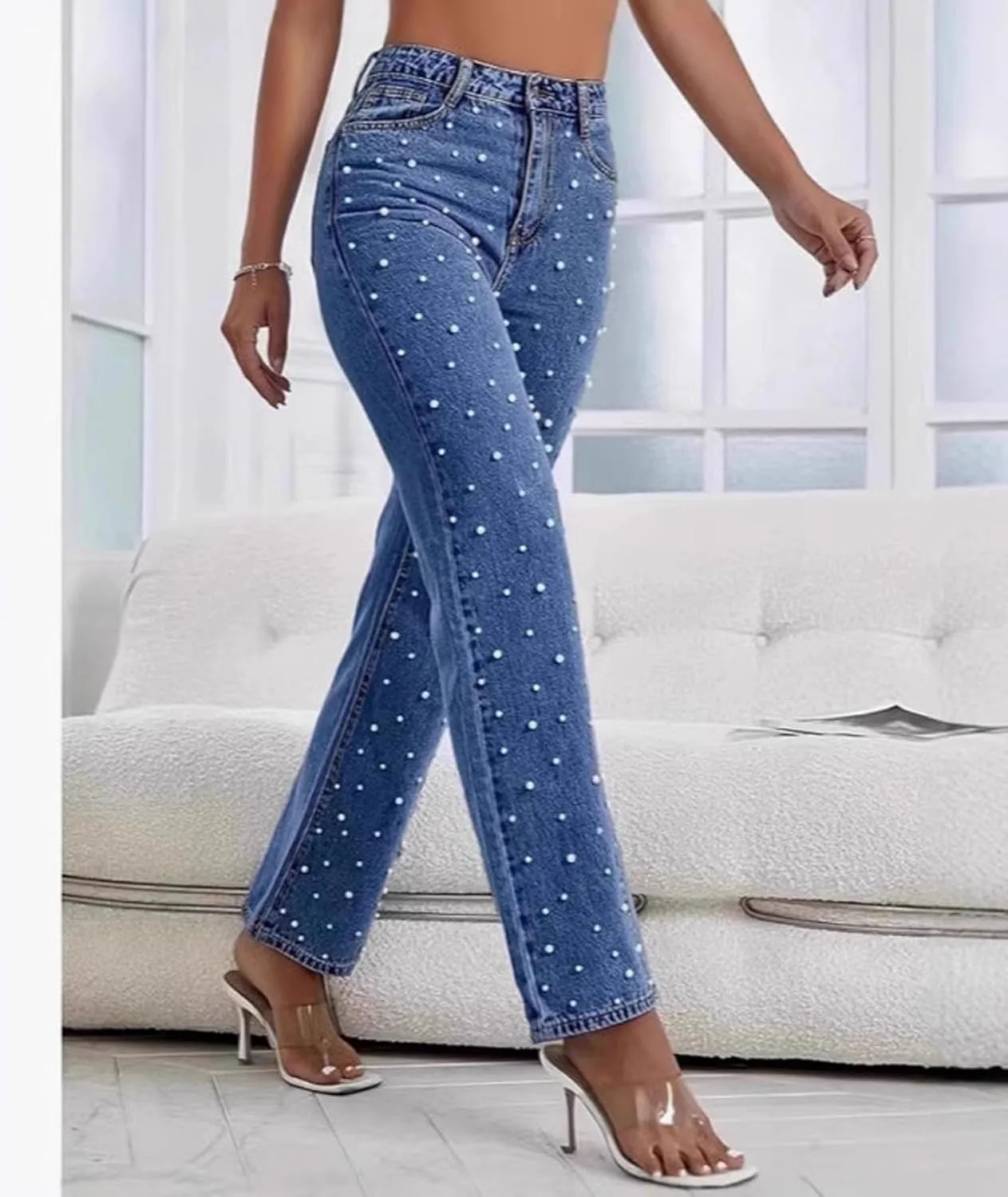 Sexyshine Women's Pearl Jeans High Waist Straight Wide Leg Stretchy Denim Pants
