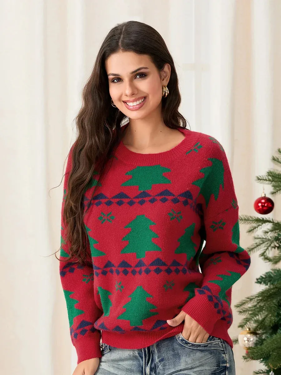 Wenkouban-Christmas Thanksgiving outfits_Classic Red Christmas Tree Print Loose Long Sleeve Pullover Christmas Sweater