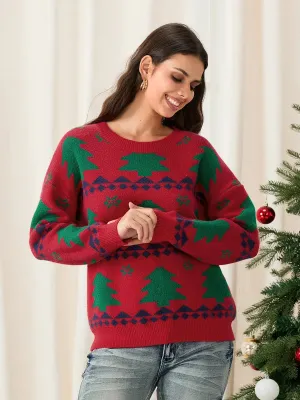 Wenkouban-Christmas Thanksgiving outfits_Classic Red Christmas Tree Print Loose Long Sleeve Pullover Christmas Sweater