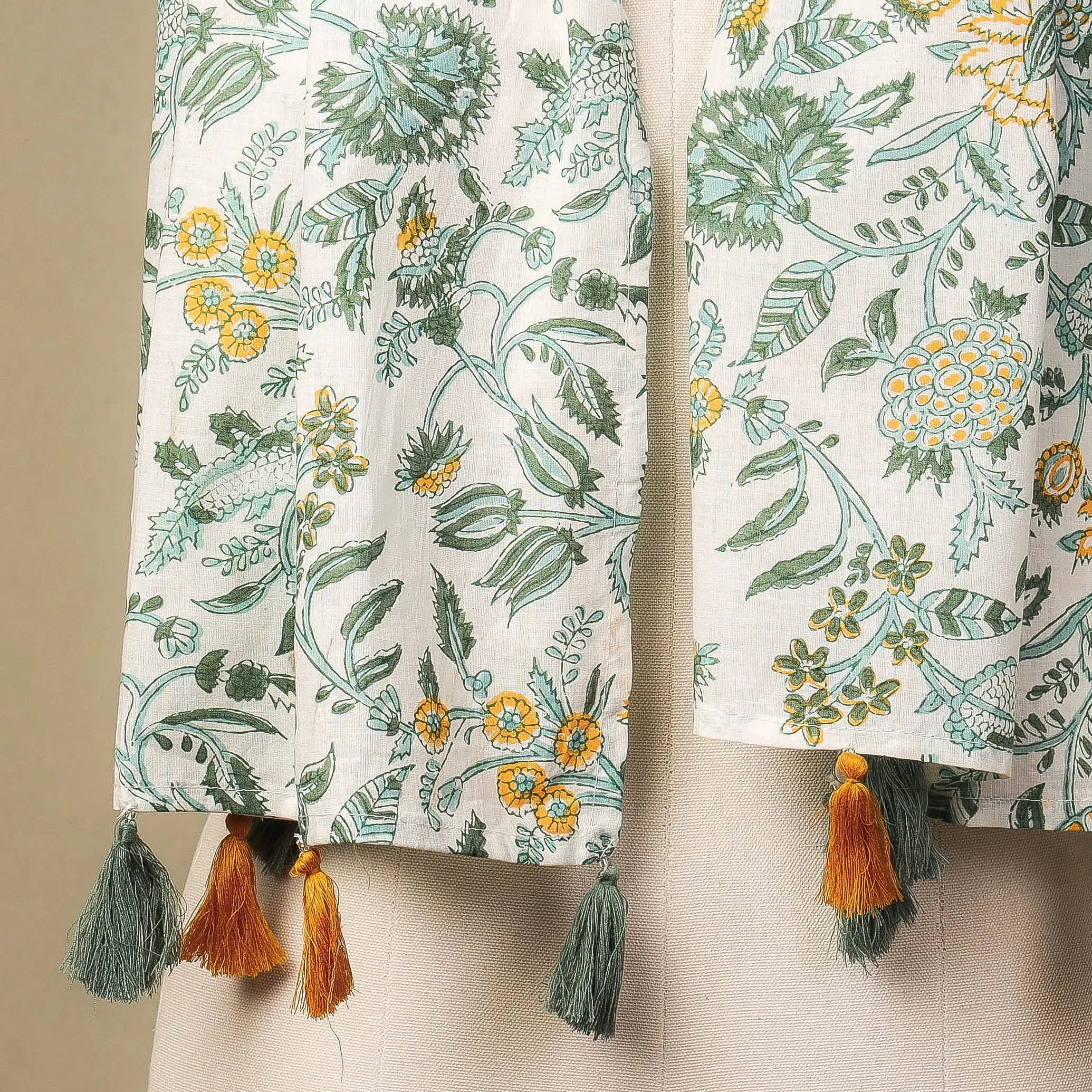White with Green Flowers Sanganeri Block Printed Cotton Stole