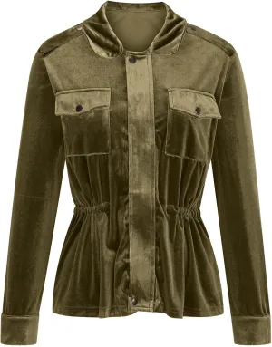 Women Oversize Velvet Shirt Casual Long Sleeve Solid Color Velour Jacket Cute Laple Button Blouse Tops with Pockets