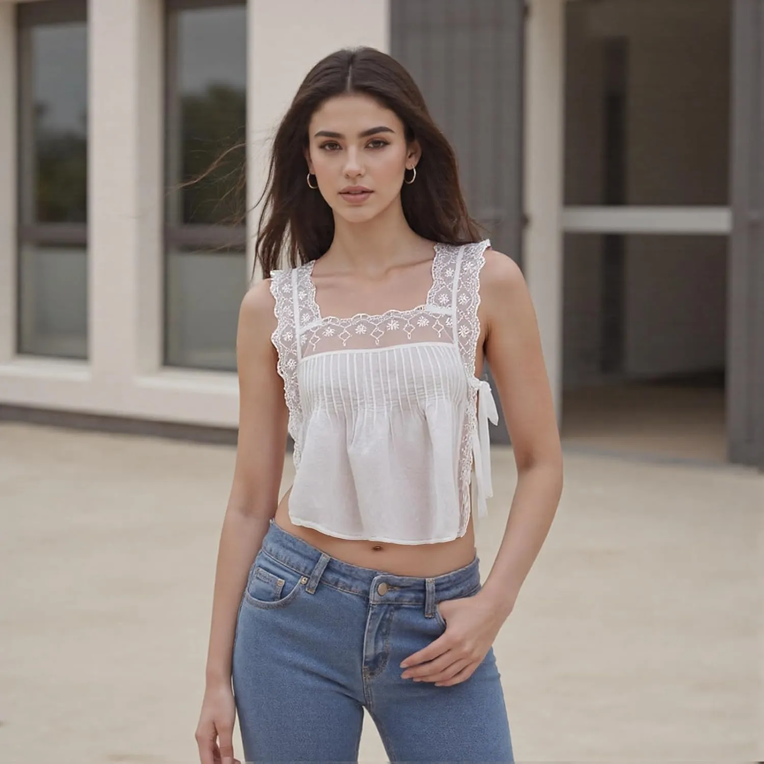 Women Side Tie Lace Trim Cami Shirt Y2k Semi Sheer Pleated Sexy Crop Tank Tops Going Out Boho Top