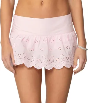 Women Y2k Lace Mini Skirt Boho Low Waist Floral Eyelet Short Aline Skirt Cute Ruffle Hem Concert Beach Skirt