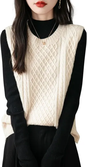Women's 100% Merino Wool Sweater Vest 2025 Fall Winter Vintage Cable Crew Neck Sleeveless Knit Sweater Vest