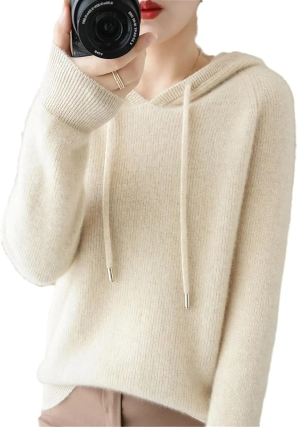 Womens Cashmere with Pullovers,Winter Casual Knitting Hoodie Fashion Sweater,Fall Drawstring Thick Sweater