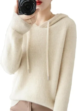 Womens Cashmere with Pullovers,Winter Casual Knitting Hoodie Fashion Sweater,Fall Drawstring Thick Sweater