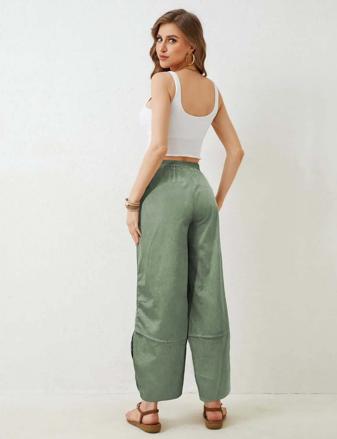 Women's Casual Baggy Wide Leg Pants - Plus Size Elastic Waist Lightweight Lounge Barrel Beach Pant with Pockets
