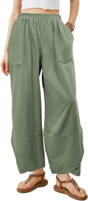 Women's Casual Baggy Wide Leg Pants - Plus Size Elastic Waist Lightweight Lounge Barrel Beach Pant with Pockets