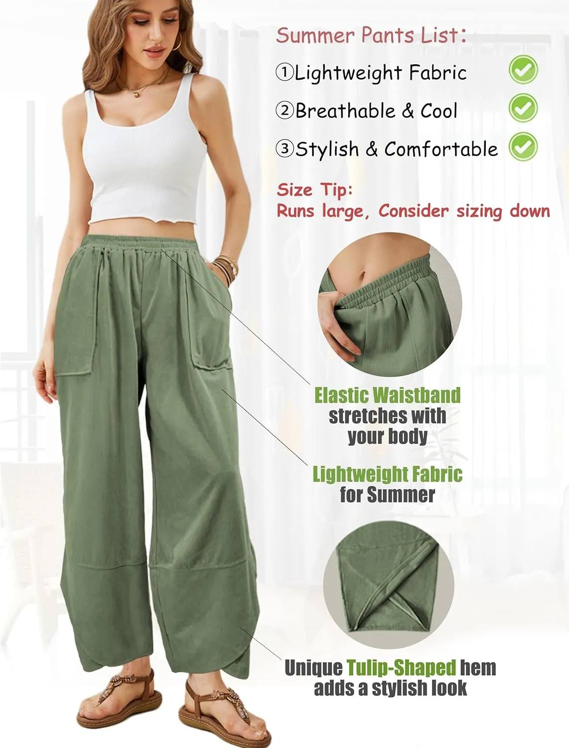 Women's Casual Baggy Wide Leg Pants - Plus Size Elastic Waist Lightweight Lounge Barrel Beach Pant with Pockets
