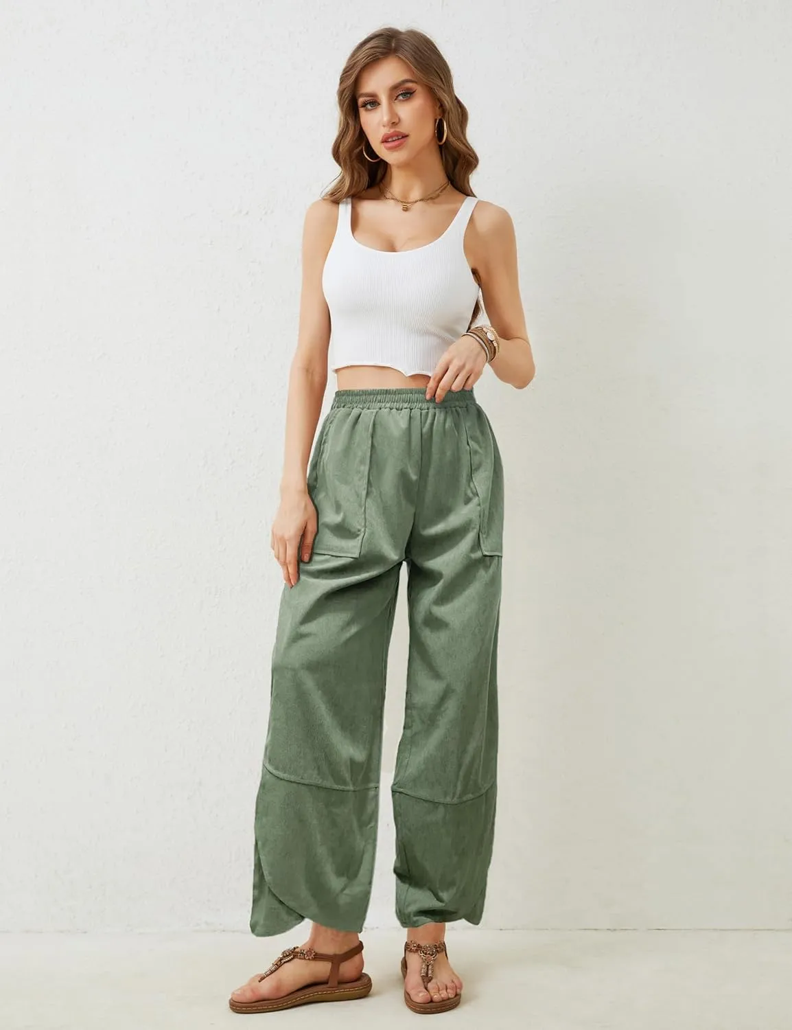 Women's Casual Baggy Wide Leg Pants - Plus Size Elastic Waist Lightweight Lounge Barrel Beach Pant with Pockets