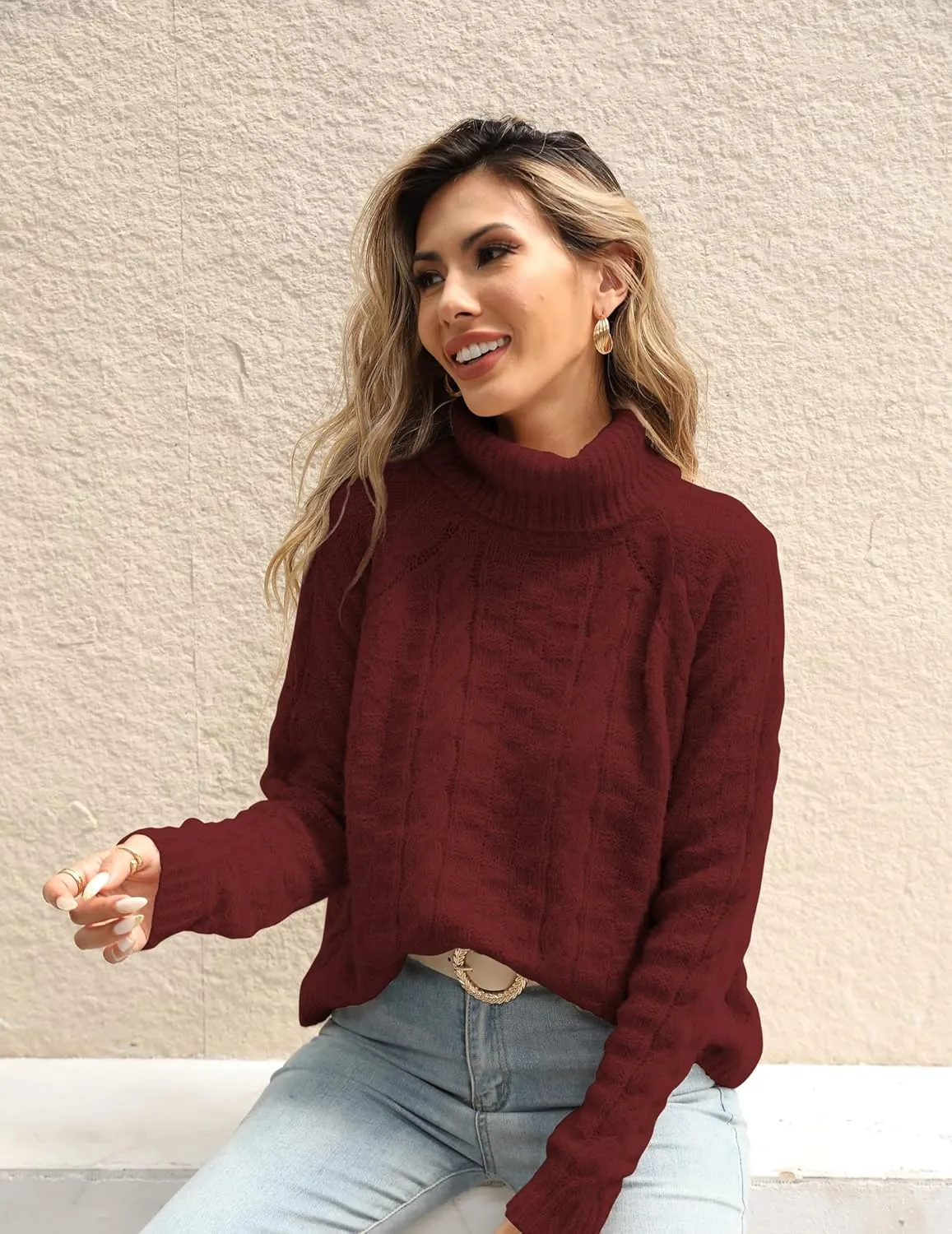 Womens Casual Ladies Dressy Lightweight Turtleneck Cute Cable Knit Long Sleeve Pullover Sweater 2024