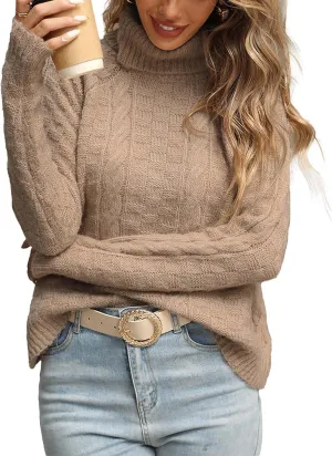 Womens Casual Ladies Dressy Lightweight Turtleneck Cute Cable Knit Long Sleeve Pullover Sweater 2024