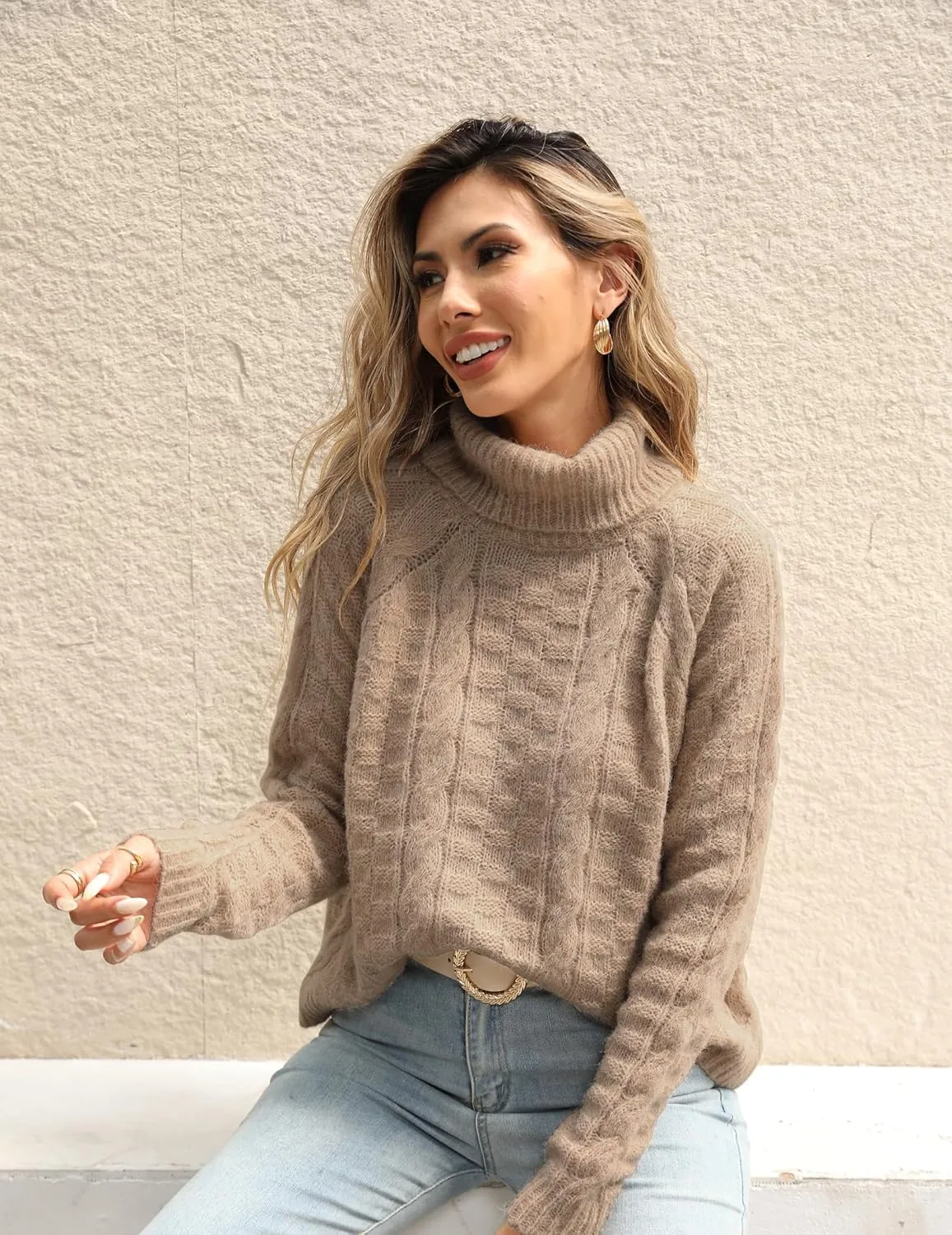 Womens Casual Ladies Dressy Lightweight Turtleneck Cute Cable Knit Long Sleeve Pullover Sweater 2024