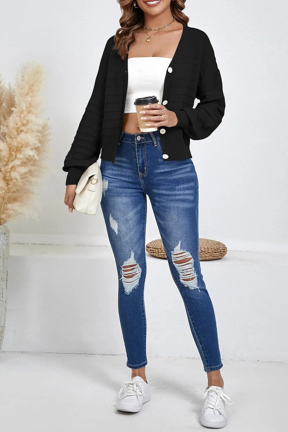 Women's Cropped Cardigan Lightweight Button Down V Neck Knit Dressy Casual Short Cardigan Sweaters