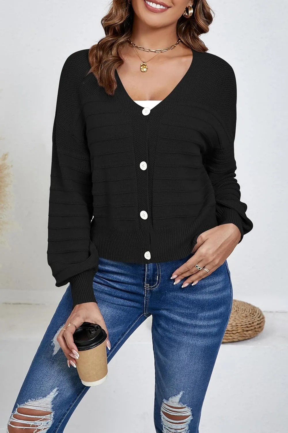 Women's Cropped Cardigan Lightweight Button Down V Neck Knit Dressy Casual Short Cardigan Sweaters