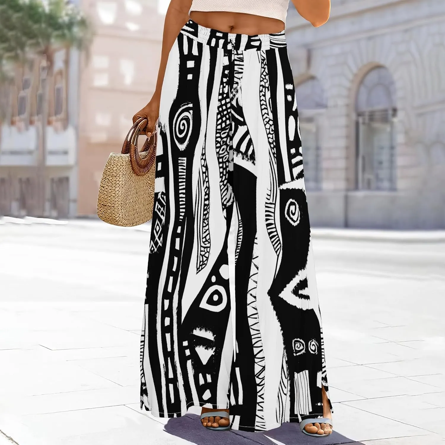 Womens Elegant Casual Wide Leg Pants African Ethnic Pattern Printed Loose Pants Comfortable High Waist Wide Leg Pants