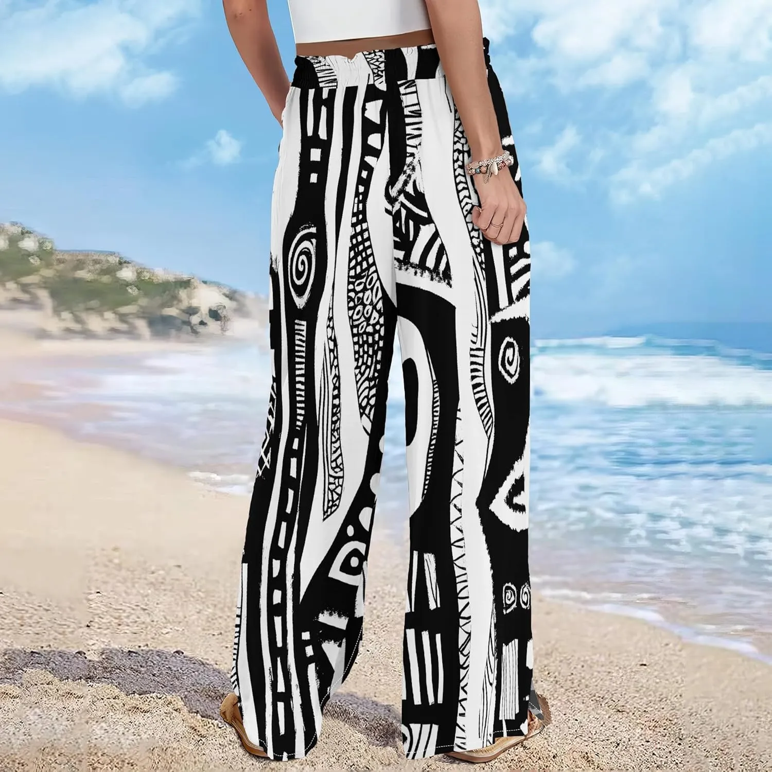 Womens Elegant Casual Wide Leg Pants African Ethnic Pattern Printed Loose Pants Comfortable High Waist Wide Leg Pants