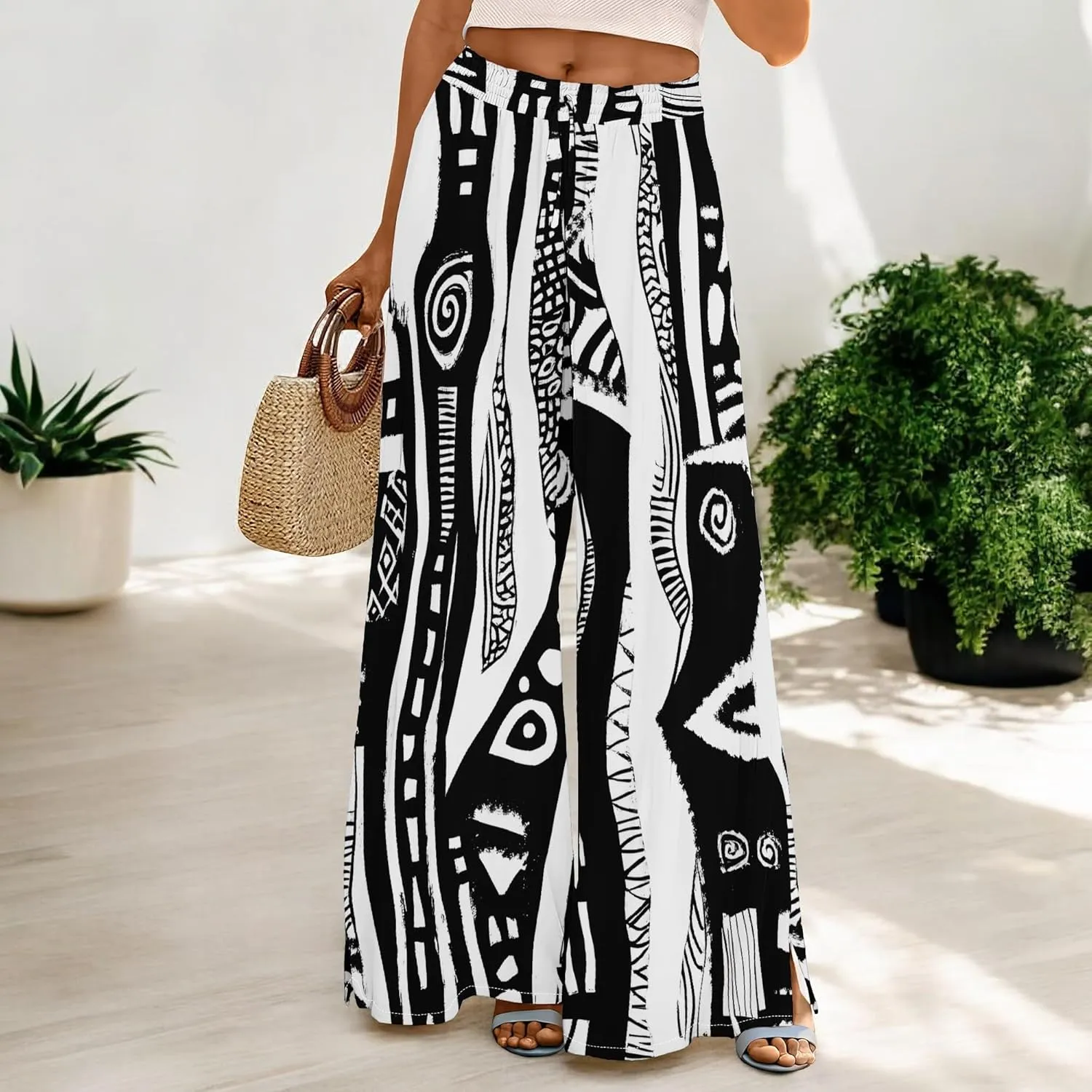 Womens Elegant Casual Wide Leg Pants African Ethnic Pattern Printed Loose Pants Comfortable High Waist Wide Leg Pants