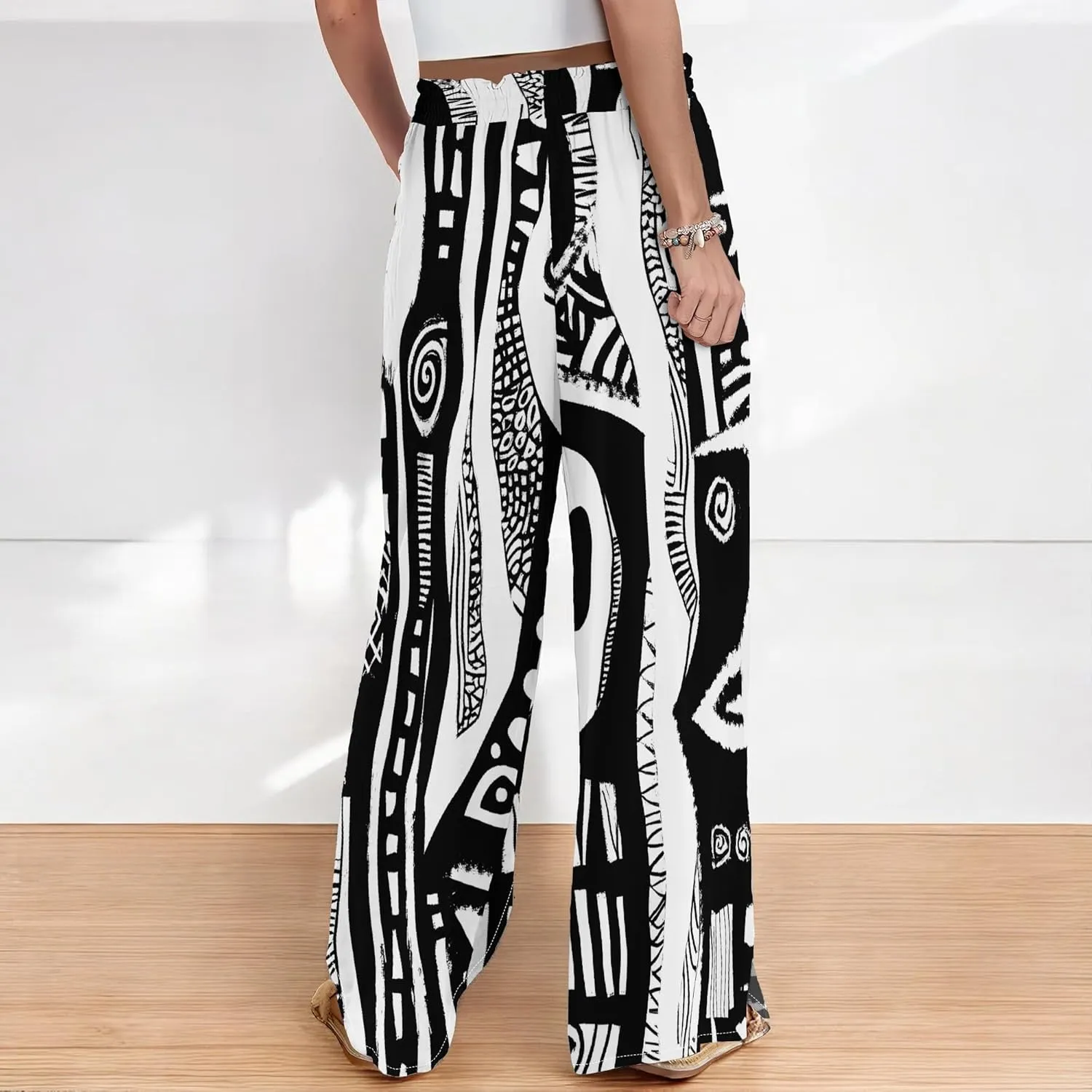 Womens Elegant Casual Wide Leg Pants African Ethnic Pattern Printed Loose Pants Comfortable High Waist Wide Leg Pants