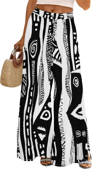 Womens Elegant Casual Wide Leg Pants African Ethnic Pattern Printed Loose Pants Comfortable High Waist Wide Leg Pants