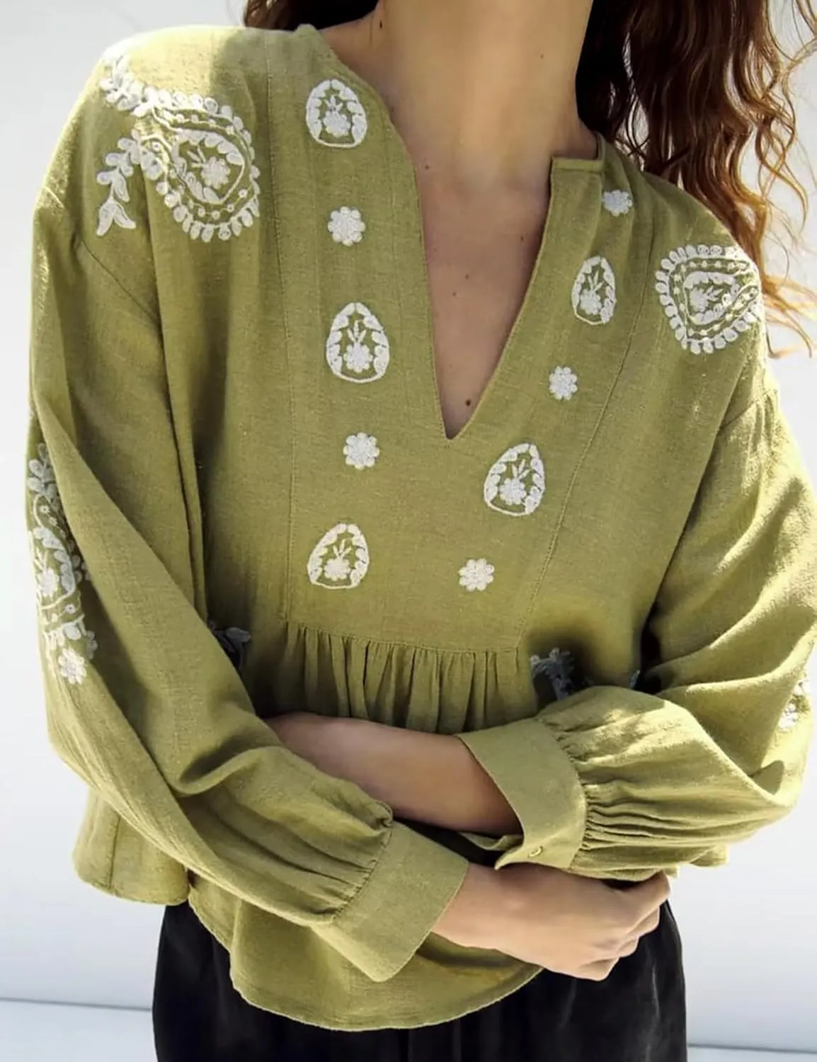Womens Embroidered Shirt Long Sleeve Peasant Blouse Lantern Sleeve Boho Tops V Neck Loose Lightweight Casual Tunic