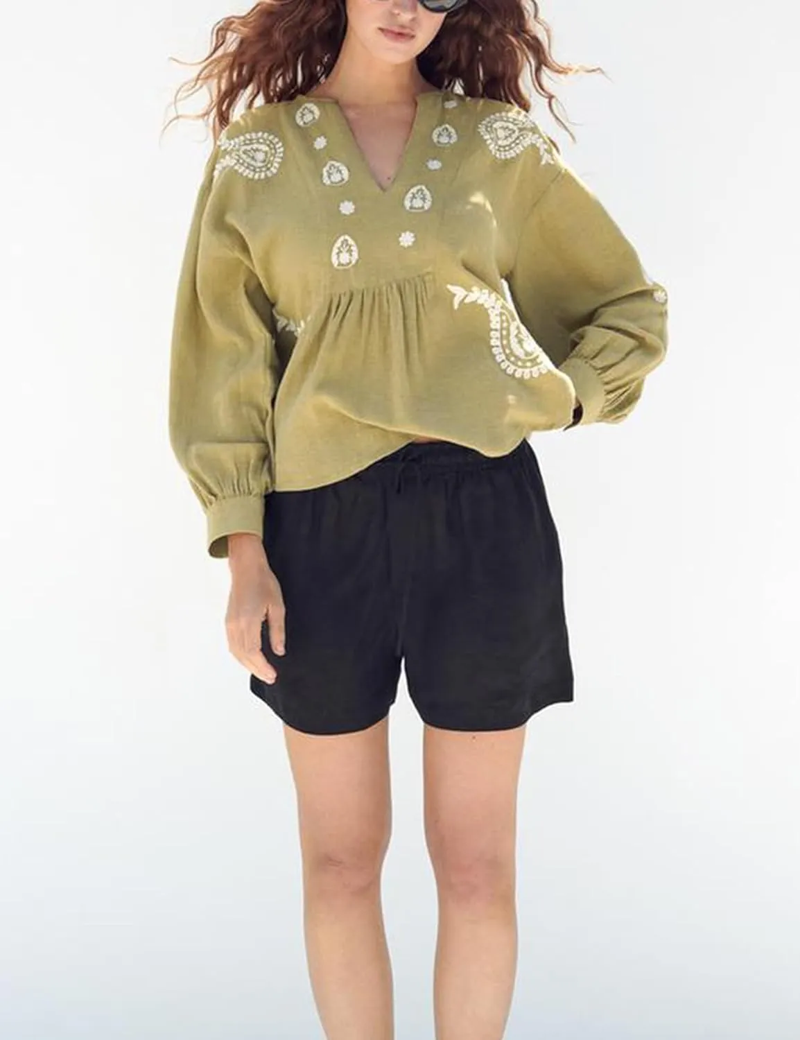 Womens Embroidered Shirt Long Sleeve Peasant Blouse Lantern Sleeve Boho Tops V Neck Loose Lightweight Casual Tunic