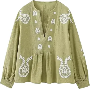 Womens Embroidered Shirt Long Sleeve Peasant Blouse Lantern Sleeve Boho Tops V Neck Loose Lightweight Casual Tunic