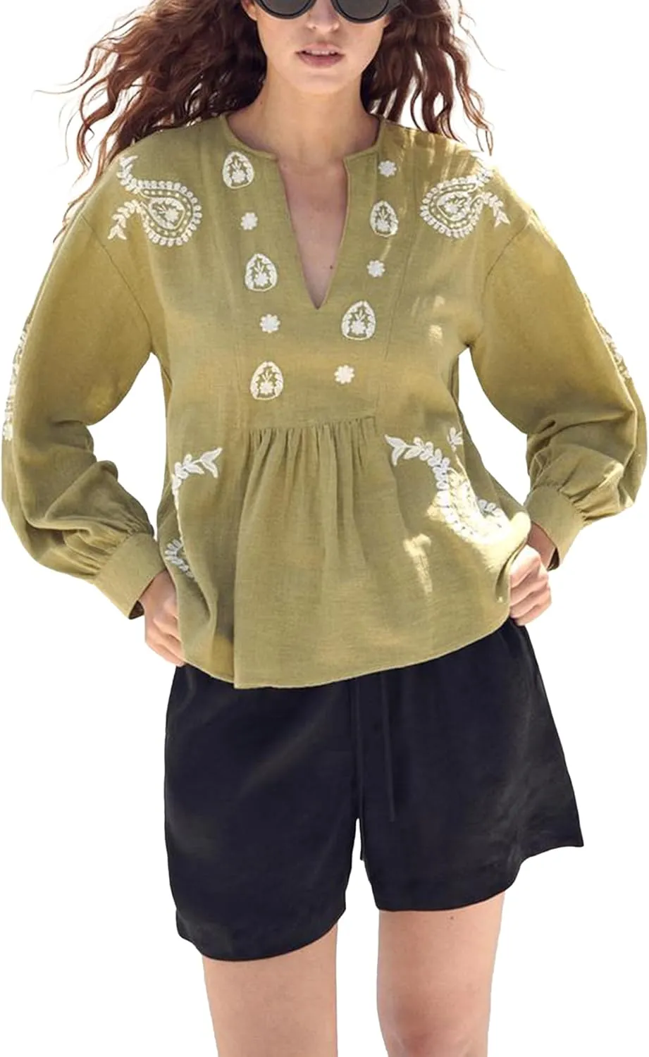 Womens Embroidered Shirt Long Sleeve Peasant Blouse Lantern Sleeve Boho Tops V Neck Loose Lightweight Casual Tunic