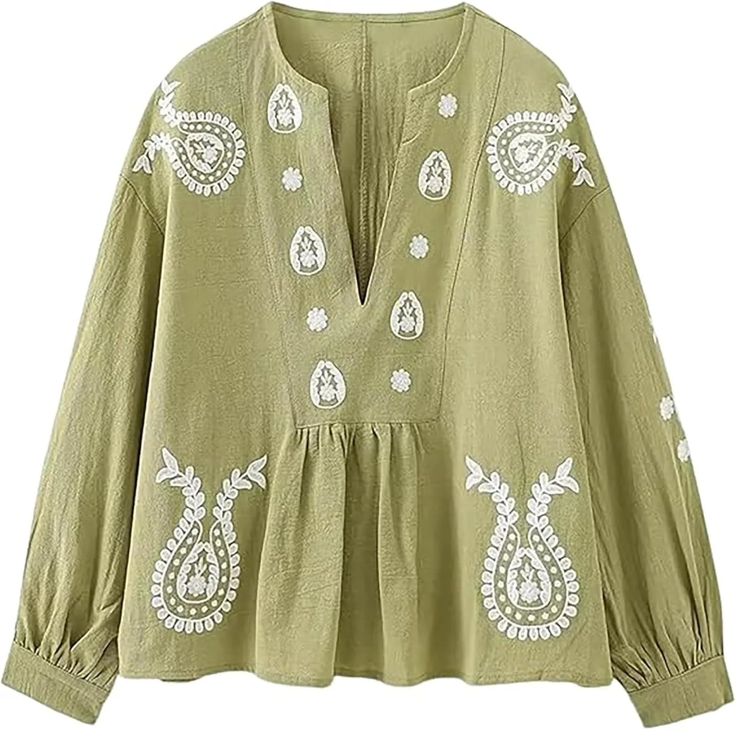 Womens Embroidered Shirt Long Sleeve Peasant Blouse Lantern Sleeve Boho Tops V Neck Loose Lightweight Casual Tunic
