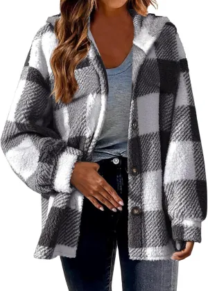 Womens Fuzzy Flannel Jacket Fall Fashion Sherpa Lined Plaid Shacket Jacket Long Sleeve Button Down Fleece Hoodies 